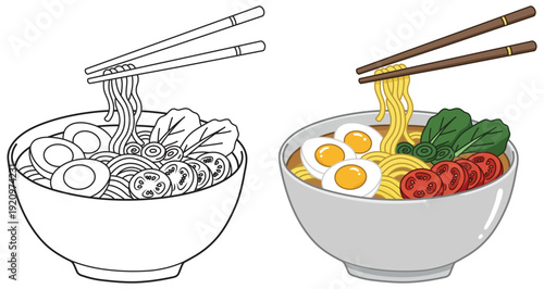 Ramen bowl with egg tomato and greens vector illustration