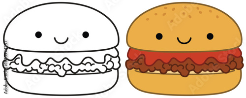 Cute burger character with crispy chicken and ketchup