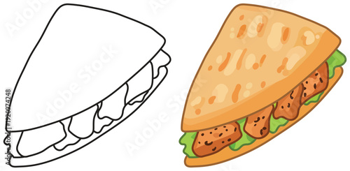 Chicken sandwich with lettuce in flat cartoon vector style