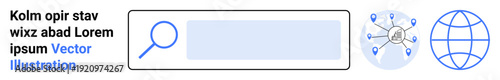 Online research, global search, internet connectivity, communication, digital services, global reach. Search bar with magnifying glass, globe connection diagram. Internet connectivity and global
