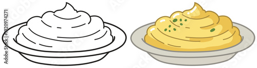 Mashed potato on plate with creamy swirl and herb garnish