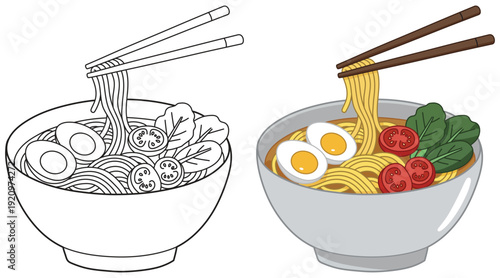 Ramen bowl with egg tomato and spinach illustration