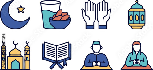 Ramadan Kareem Islamic Icon Set – Mosque, Lantern, Quran and Iftar Dates