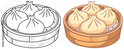 Dumplings in bamboo steamer basket isolated vector illustration