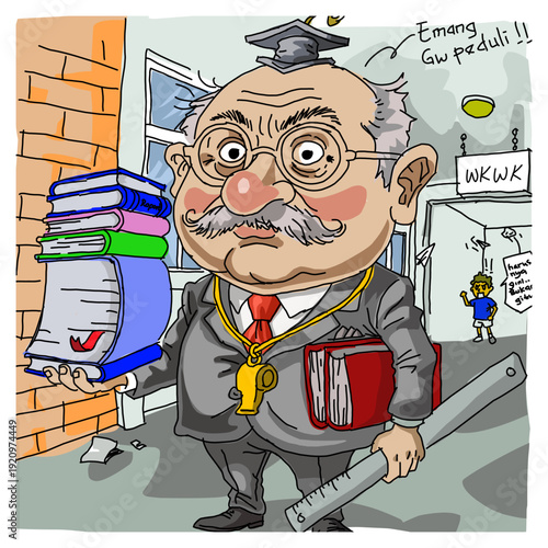 Funny caricature of a male teacher with a large head walking happily after school.