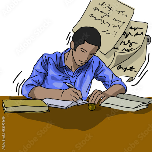 Creative man writing on a wooden desk with flying papers and books illustration.