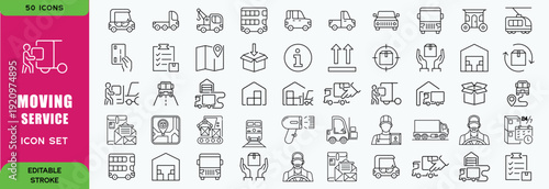 Moving Service line editable icon set. Contain icons relaed to Moving house services, packing, loaders, office moving, freight transportation, and more. Editable stroke. Vector illustration