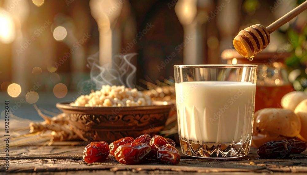 Fototapeta premium A wholesome and nutritious breakfast spread featuring a glass of fresh milk, sweet golden honey, hearty oats, and dried dates, perfect for a healthy morning start