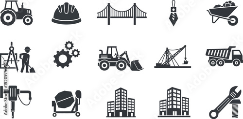 A comprehensive collection of monochromatic vector icons represents various heavy machinery, safety gear, and construction elements.