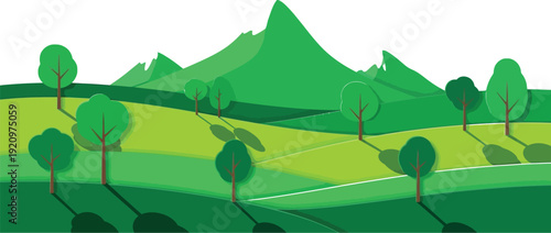 Rolling green agricultural fields stretch toward sharp, layered mountains under a bright white sky in a stylized landscape.