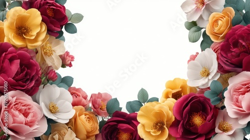 Elegant Floral Frame with Various Colorful Roses, Peonies, and Green Leaves for Wedding or Event Invitations and Greeting Cards Designs
