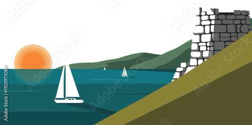 Sailboats navigate calm turquoise water near an ancient stone ruin as the orange sun sets over rolling green hills.