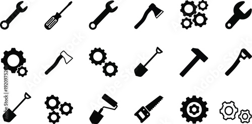 Collection of black and white icons depicts various mechanical tools, gears, and axes for repair and construction work.