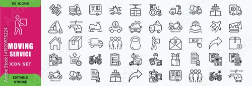 Moving Service line editable icon set. Contain icons relaed to Moving house services, packing, loaders, office moving, freight transportation, and more. Editable stroke. Vector illustration