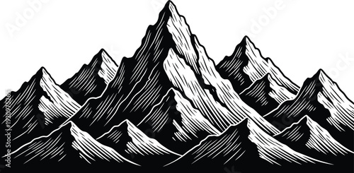 Detailed black and white woodcut style illustration depicts a dramatic range of towering, snow-capped mountain peaks.