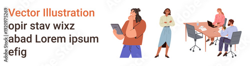 Workplace collaboration, corporate teamwork, professional discussions, office communication, leadership management, and decision-making. People working at a table with a standing figure. Workplace