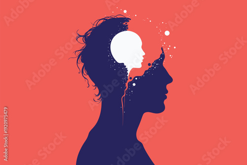 Silhouette of man and woman profiles sharing glowing inner child head on coral background, symbolizing childhood trauma therapy, inner voice, parenting and emotional healing
