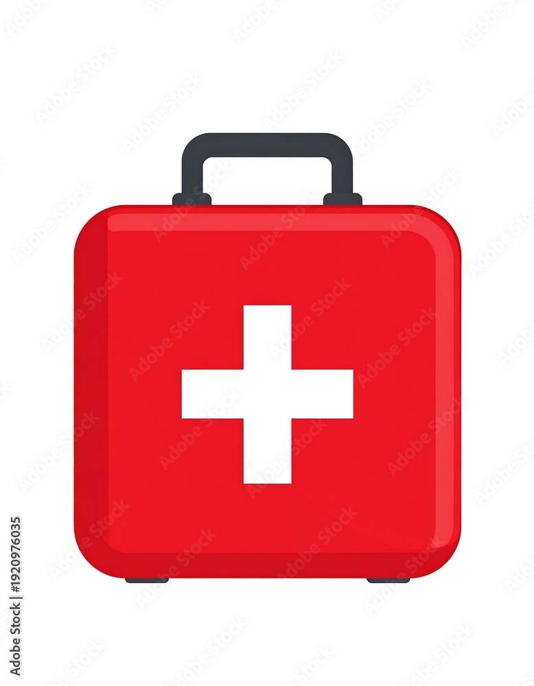 Fototapeta premium A red first aid kit with a white cross and black handle