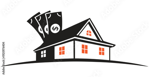 Conceptual illustration of a house with money bills sticking out of the roof, symbolizing real estate investment and property finance, isolated on transparent background