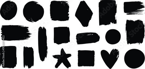 A collection of abstract black brushstrokes and shapes arranged on a clean white background high quality