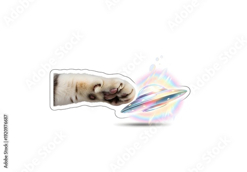 Cat Paw Touching UFO, Whimsical Artwork