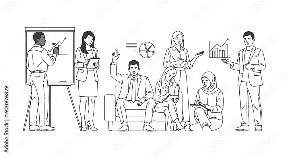 Fototapeta premium Diverse business team collaborating and presenting in modern office setting