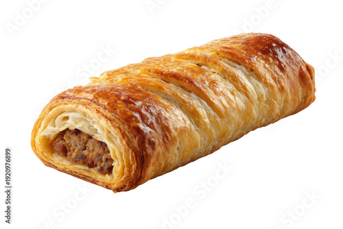 Golden brown baked sausage roll with flaky pastry and visible meat filling image, Png, Isolated on Transparent Background, Cut Out