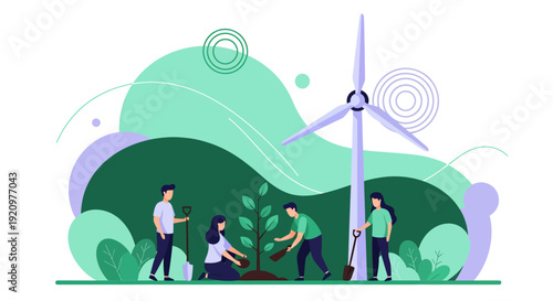 Group of four diverse individuals carefully planting a small tree together while a large wind turbine stands prominently in the background under soft green light.