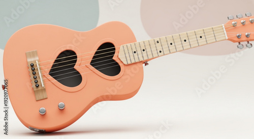 Salmon Pink Electric Guitar with Heart-Shaped Sound Holes on White Background, Isolated, Studio Shot