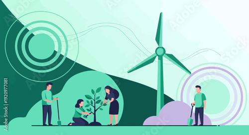 Volunteers plant a sapling near a large wind turbine, illustrating concepts of renewable energy and environmental stewardship with cool green tones.