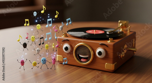 Vintage Wooden Record Player with Cartoon Eyes Playing Music on Wooden Table
