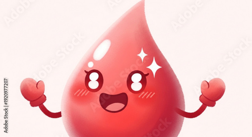 Red Blood Drop Cartoon Character Smiling with Sparkling Eyes Isolated on White