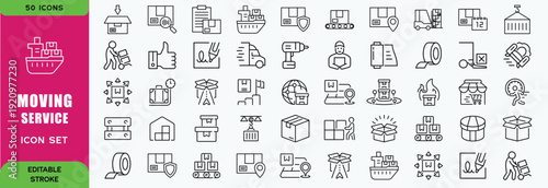 Moving Service line editable icon set. Contain icons relaed to Moving house services, packing, loaders, office moving, freight transportation, and more. Editable stroke. Vector illustration