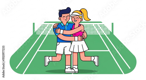 Happy Couple Hugging on Tennis Court during Match