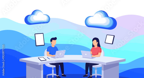 Two professionals sit at a modern white desk working on laptops under floating blue cloud icons symbolizing data transfer and shared files.