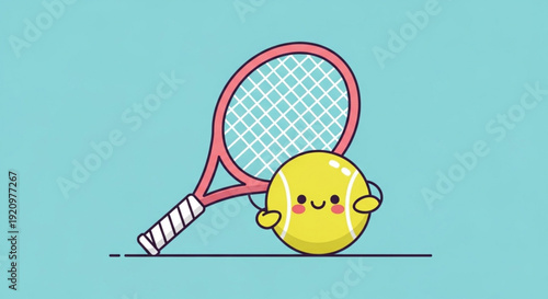 Smiling Tennis Ball with Racket on Blue Background