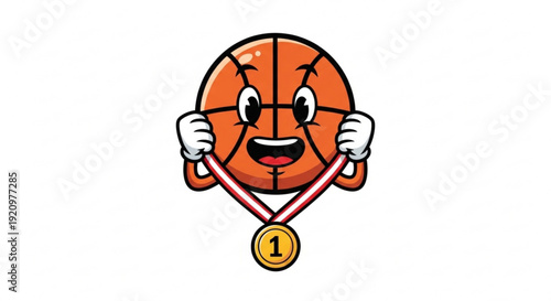 Cartoon Basketball Character Winning Gold Medal, Champion, Isolated on White