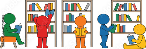 People Reading Books in a Library – Modern Digital Illustration