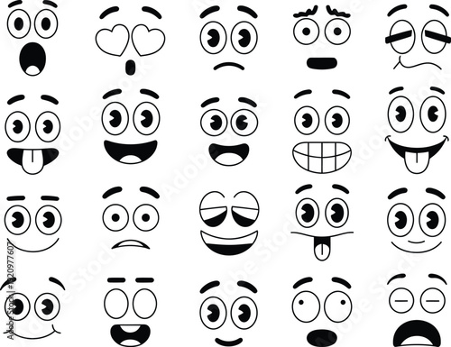 A collection of black and white cartoon faces expressing various emotions and expressions high quality professional
