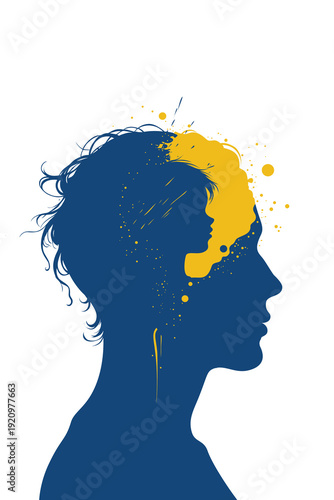 Blue silhouette adult profile with inner child face in yellow paint splatter from head, symbolizing childhood trauma therapy, inner voice and emotional memories on white background