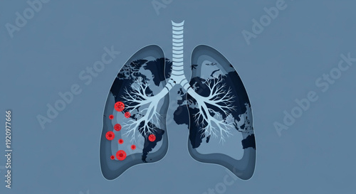 Abstract representation of human lungs with a world map overlay and red spots indicating infection or disease spread, emphasizing global health concerns