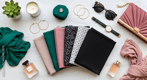 Fashion accessories still life with fabric scarves and decorative items