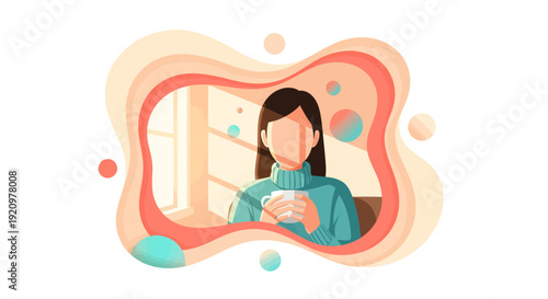 Faceless woman wearing a cozy turtleneck sweater enjoys a warm beverage inside a brightly lit room framed by soft orange and coral paper-cut style layers.
