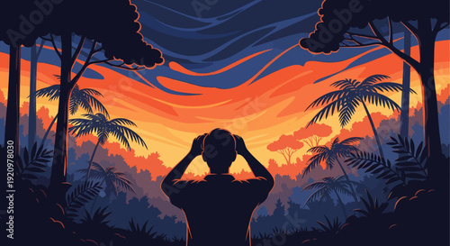 Silhouette of a person looking up through dense jungle foliage using binoculars toward a dramatic orange and blue twilight sky overhead.