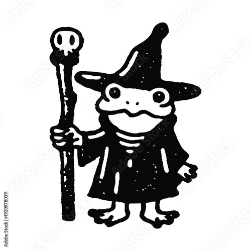 Black and white illustration of a wizard frog character with a pointed wizard hat and long robe holding a wooden stick in a hand drawn style vector art