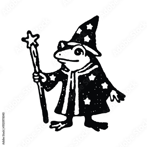 Black and white illustration of a wizard frog character with a pointed wizard hat and long robe holding a wooden stick in a hand drawn style vector art
