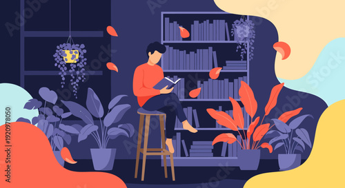 A person sits on a wooden stool reading a book surrounded by lush, stylized indoor potted plants under dim, moody blue and orange lighting.