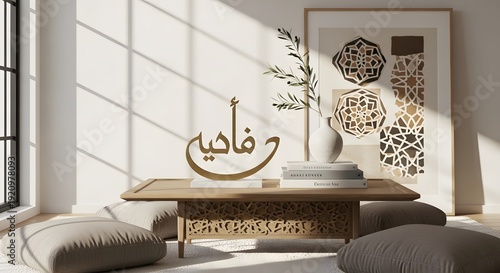 Modern living room interior with coffee table decor and sunlight