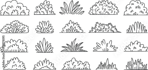 A collection of various hand drawn shrub and bush shapes in a simple monochrome style