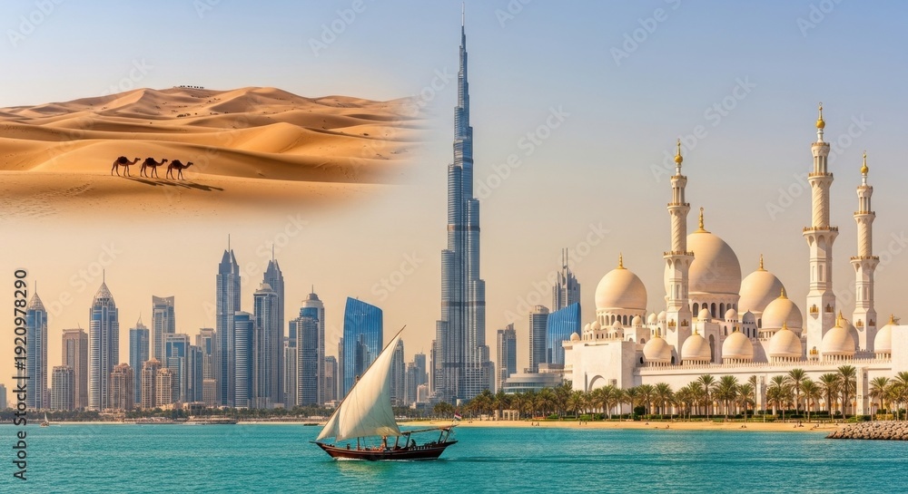 Obraz premium Dubai and Abu Dhabi Landmarks: Burj Khalifa Skyline, Sheikh Zayed Grand Mosque, and Desert Camel Trek in UAE